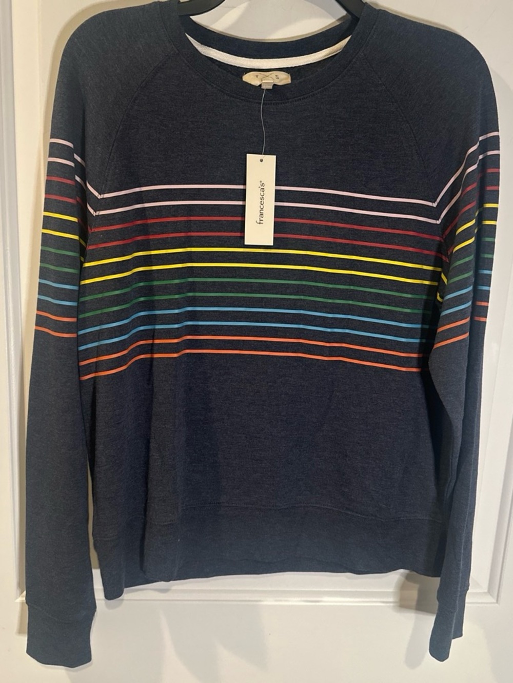 Francesca's Collections Navy Crewneck Sweater with Rainbow Stripe Detail